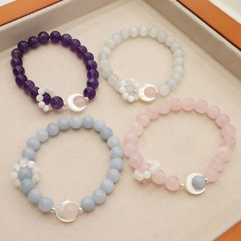 KarmaRipple's 925 Sterling Silver Authentic Amethyst Aquamarine Pink Gemstone Cat's Eye Balancing Crescent Moon Bracelet p5