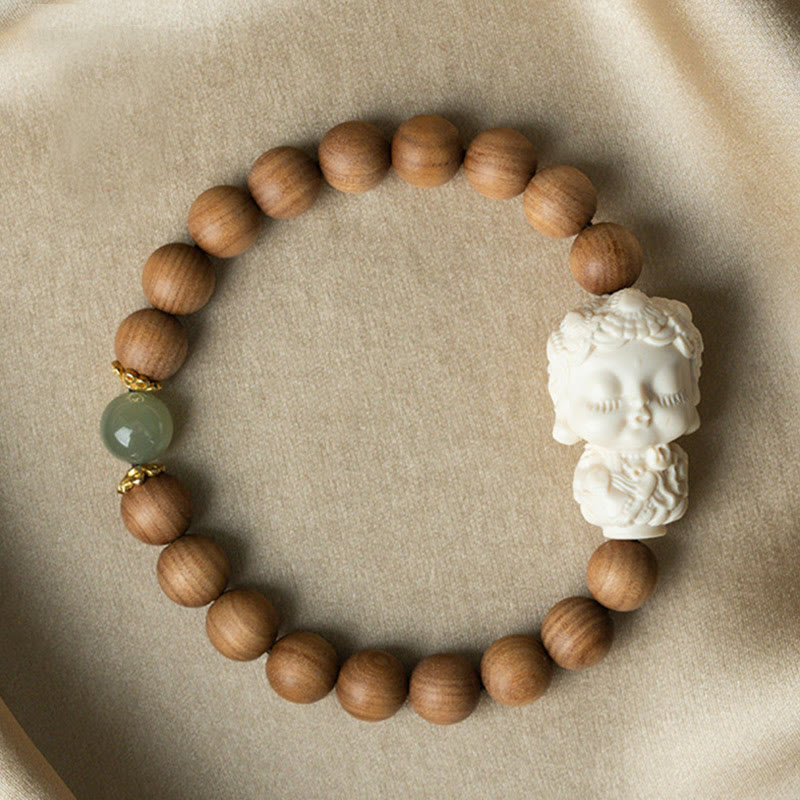 KarmaRipple's Sandalwood Hetian Jade Ivory Fruit Green Tara Protection Bracelet p1