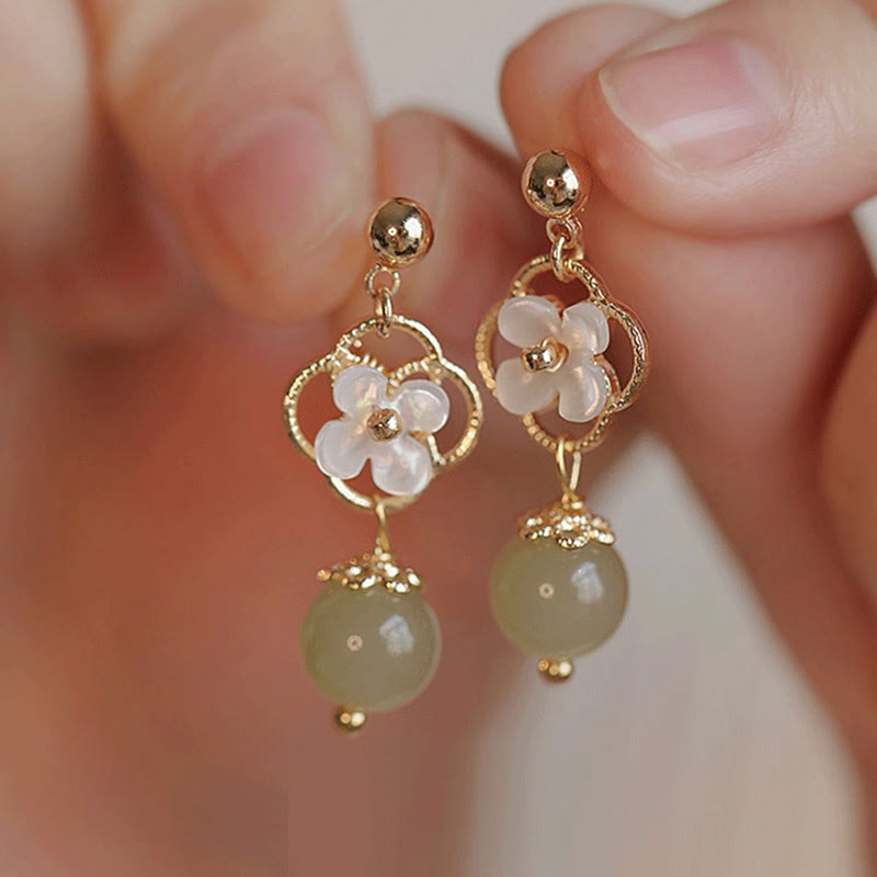 KarmaRipple's Tridacna Stone Flower Jade Bead Blessing Drop Earrings p2