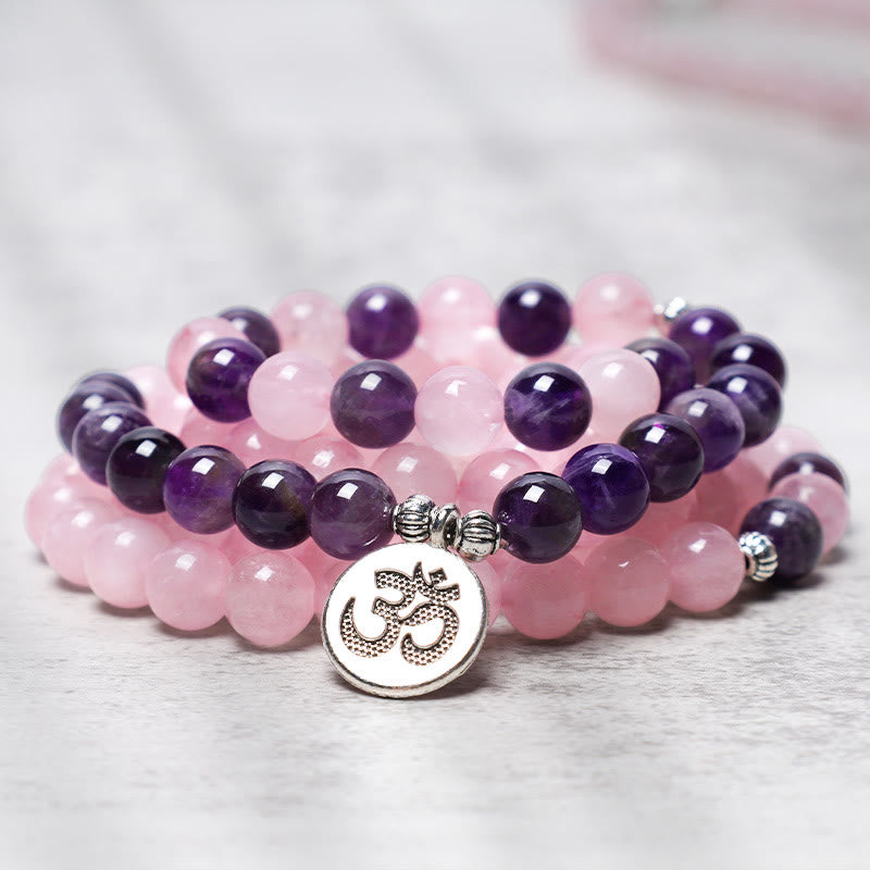 KarmaRipple's Authentic Rose Quartz & Amethyst Mala Bead Lotus Necklace Bracelet p14