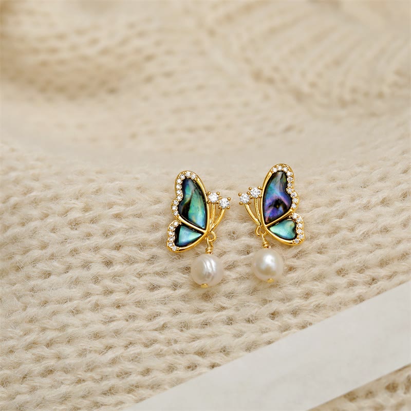 KarmaRipple's 18K Gold Plated Bronze Pearl Butterfly Love Stud Earrings p3