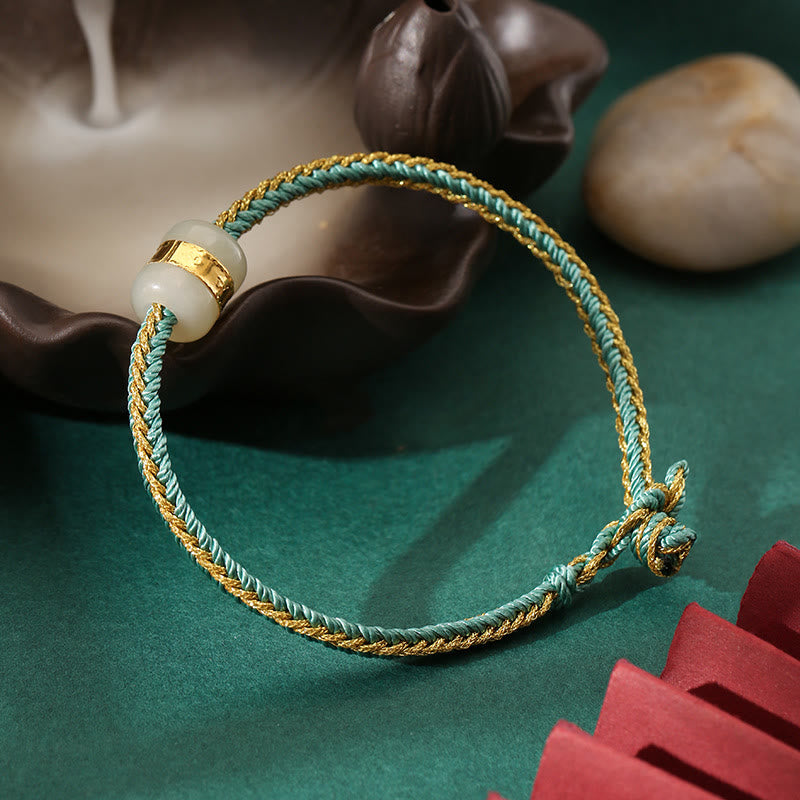 KarmaRipple's 999 Gold Hetian Ivory Jade Om Mani Padme Hum Fu Character Fortune Woven Bracelet p57