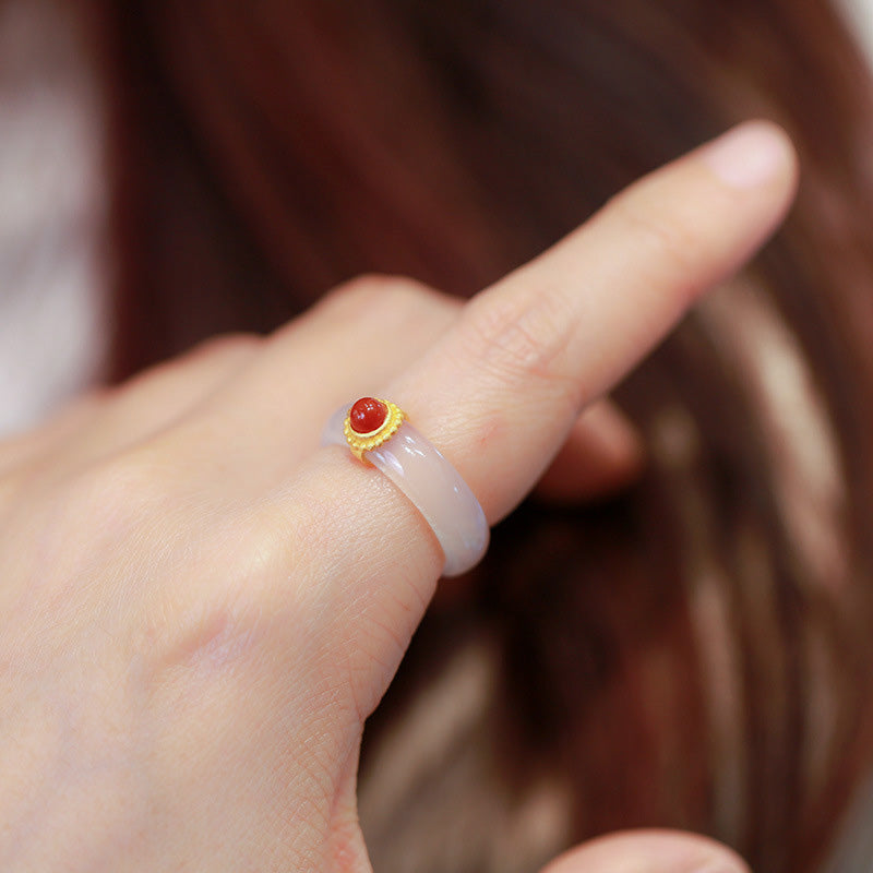 KarmaRipple's Ivory Agate Cyan Jade Turquoise Red Agate Fortune Protection Ring p15
