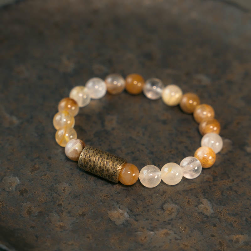 KarmaRipple's Ivory Gemstone Red Hematoid Quartz Gold Rutilated Quartz Purple Phantom Protection Bracelet p44