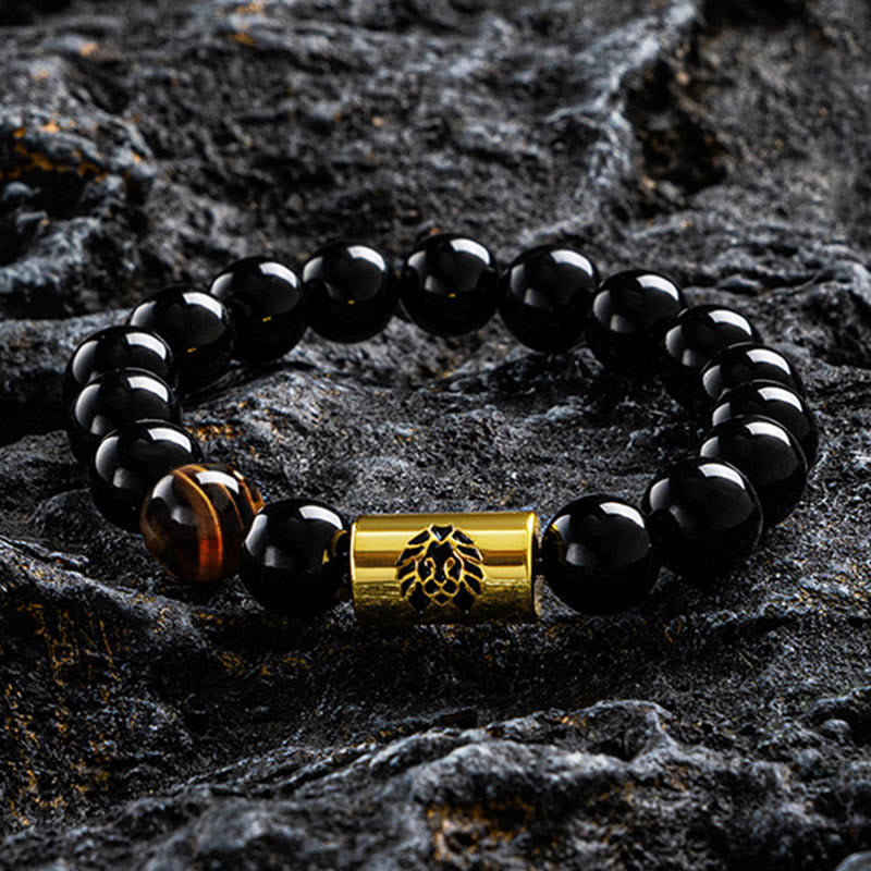 KarmaRipple's Black Onyx Tiger Eye Bead Lion Engraved Protection Bracelet p19