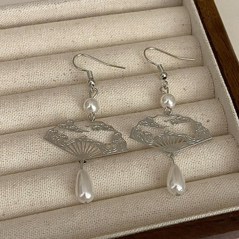 KarmaRipple's Bronze Fan Auspicious Clouds Pearl Balancing Drop Earrings p5