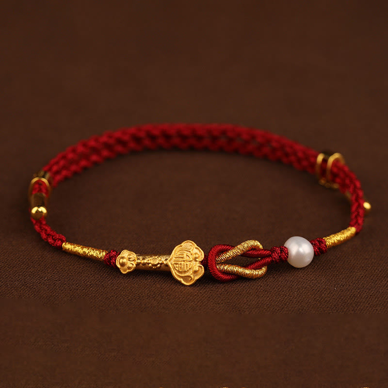 KarmaRipple's 24K Gold Wish Ruyi Handle Fu Character Rabbit Pearl Fortune Woven Bracelet p3