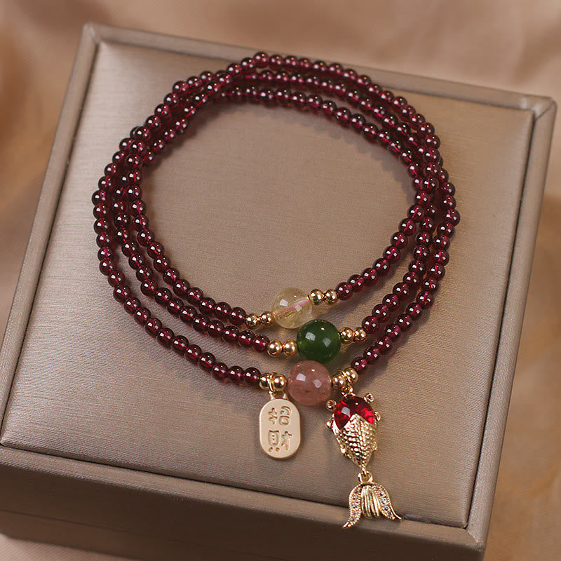 KarmaRipple's Authentic Garnet Strawberry Quartz Gemstone Fox Koi Fish Peace Buckle Fortune Protection Triple Wrap Bracelet p21
