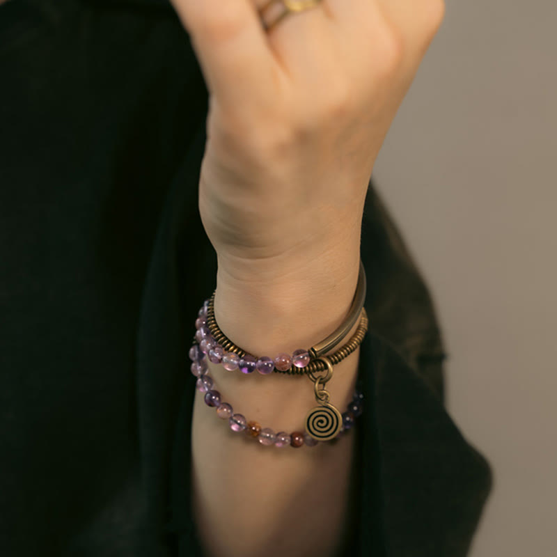 KarmaRipple's Purple Phantom Red Hematoid Quartz Green Rutilated Quartz Bronze Love Forgive Bracelet p11