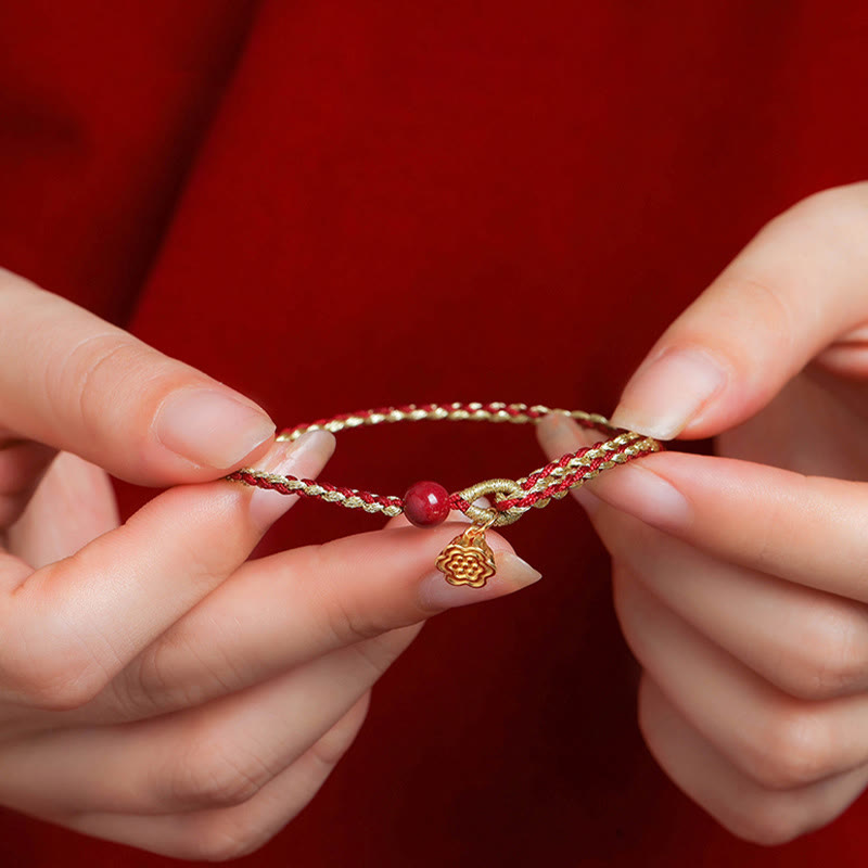 KarmaRipple's Handmade 925 Sterling Silver Lotus Cinnabar Gold Bead Blessing Braid Bracelet p7