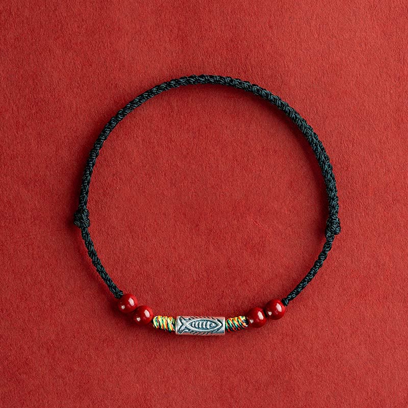 KarmaRipple's 925 Sterling Silver Koi Fish Cinnabar Bead Wealth Handcrafted Woven Bracelet Anklet p28