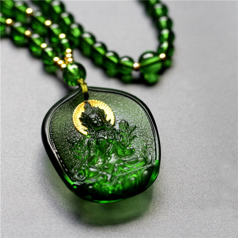 KarmaRipple's Tibetan Green Tara Buddha Gold Plated Liuli Gemstone Protection Pendant Necklace p10