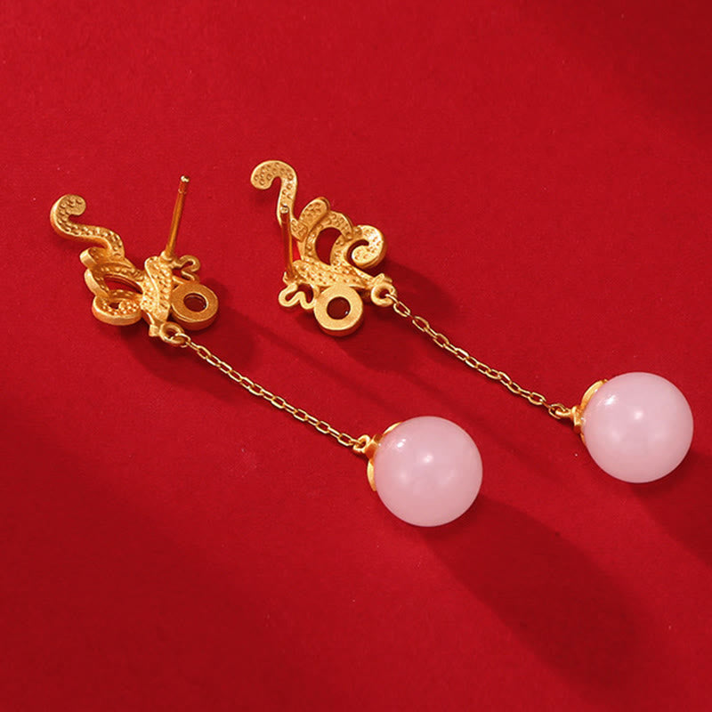 KarmaRipple's Vintage Ivory Jade Red Agate Bead Blessing Drop Dangle Earrings p4
