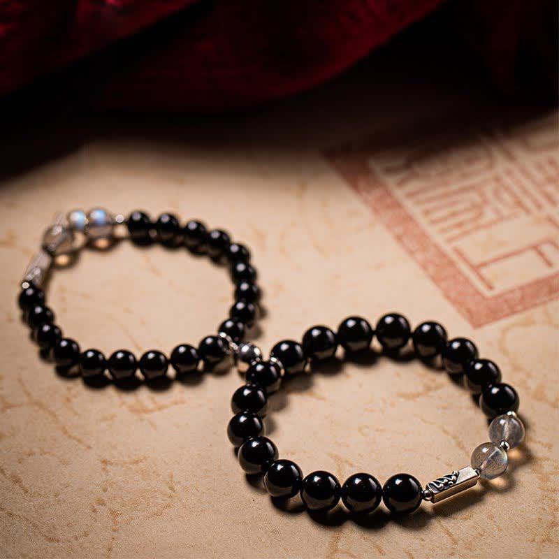 KarmaRipple's 925 Sterling Silver Obsidian Moonstone Strength Pair Bracelet p14