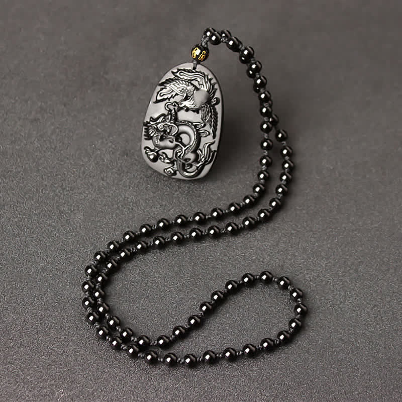KarmaRipple's Black Obsidian Tiger Eye Dragon Phoenix Protection Beaded Pendant Necklace p4