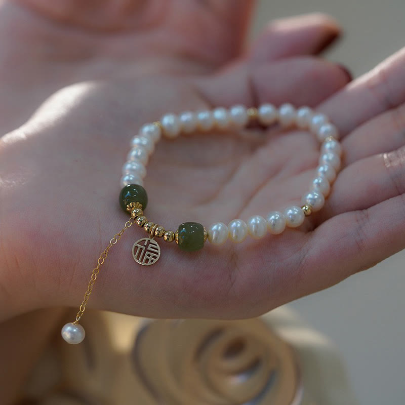 KarmaRipple's Authentic Pearl Hetian Jade Happiness Wisdom Bead Bracelet p11