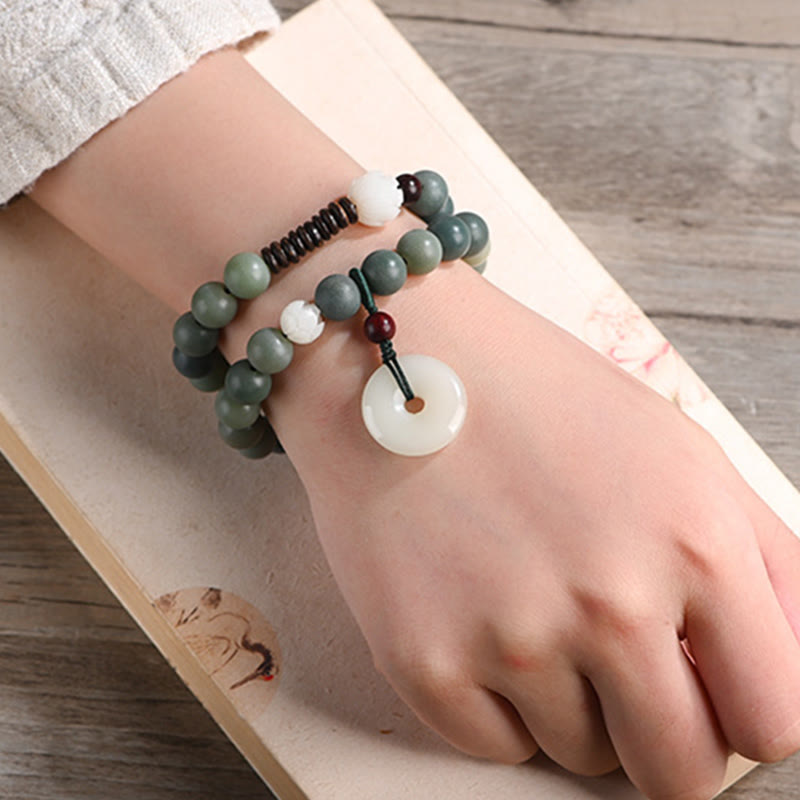 KarmaRipple's Cyan Bodhi Seed Lotus Jade Peace Buckle Wisdom Double Wrap Bracelet p7