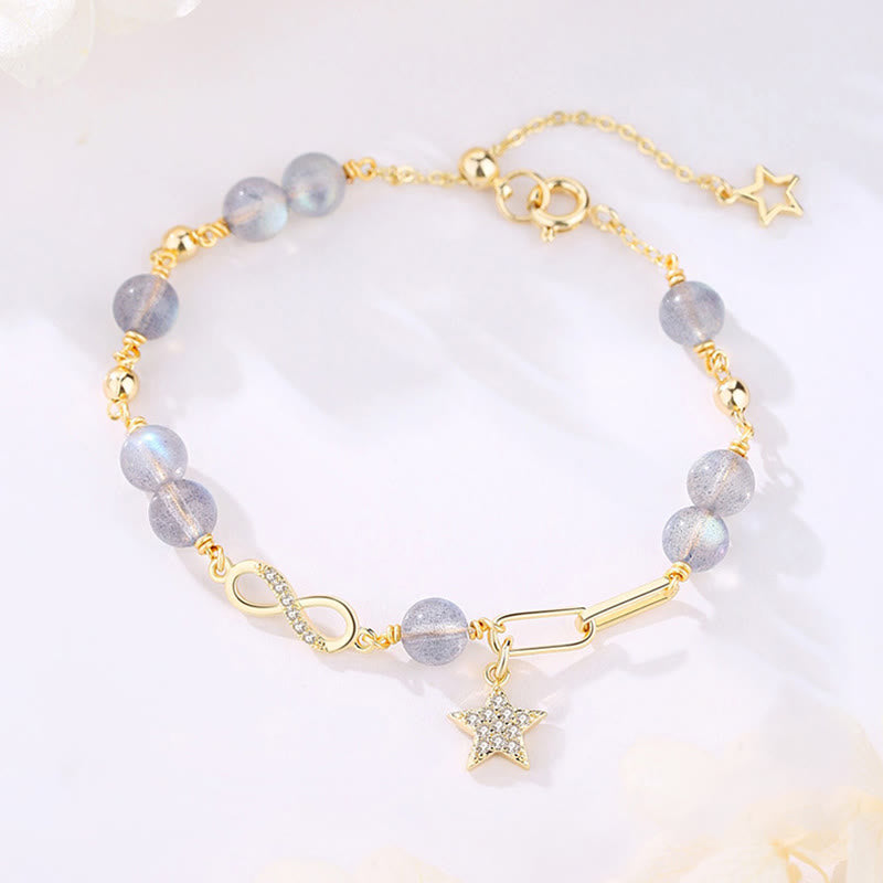 KarmaRipple's 14K Gold Plated Authentic Strawberry Quartz Moonstone M?bius Loop Eternal Love Star Positive Bracelet p6