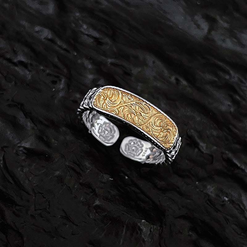 KarmaRipple's Tang Dynasty Flower Design Engraved Bronze Fortune Cuff Bracelet Bangle Adjustable Ring p2