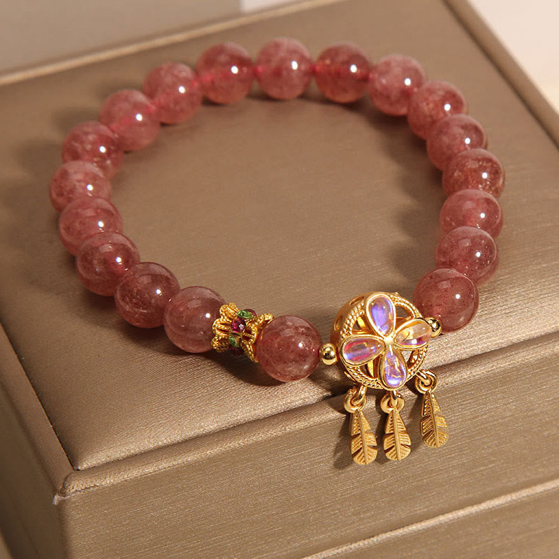 KarmaRipple's Authentic Strawberry Quartz Four Leaf Clover Dreamcatcher Talisman Love Bracelet p2