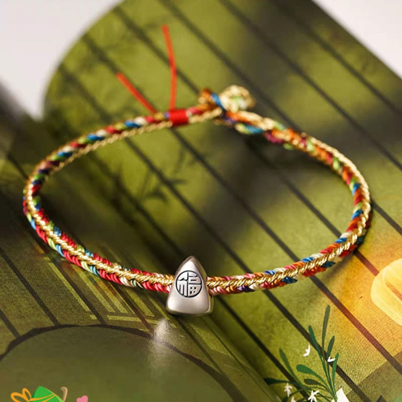 KarmaRipple's 925 Sterling Silver Fu Character Zongzi Pattern Multicolored String Fortune Handmade Woven Bracelet p4