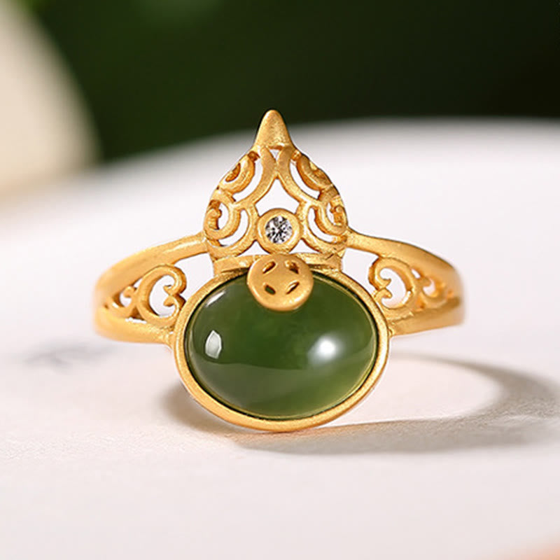 KarmaRipple's Gourd Cyan Jade Bronze Coin Success Fortune Adjustable Ring p6