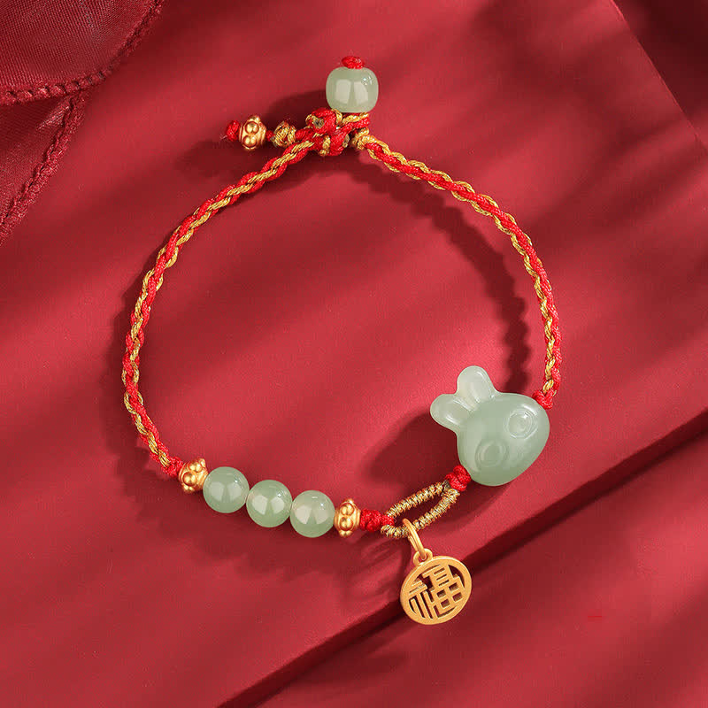 KarmaRipple's 925 Sterling Silver Year of the Rabbit Hetian Jade Happiness Fortune Red String Bracelet p1