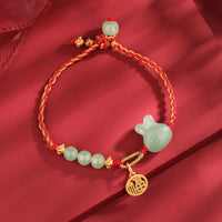 KarmaRipple's 925 Sterling Silver Year of the Rabbit Hetian Jade Happiness Fortune Red String Bracelet