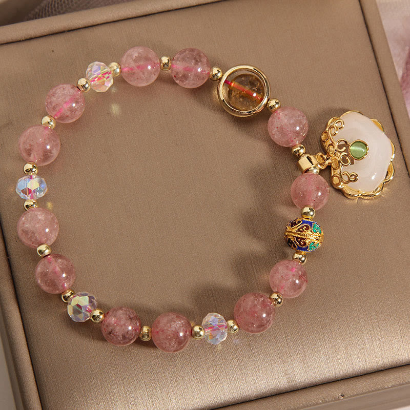 KarmaRipple's Strawberry Quartz Green Gemstone Amethyst Balancing Chinese Lock Talisman Bracelet p5