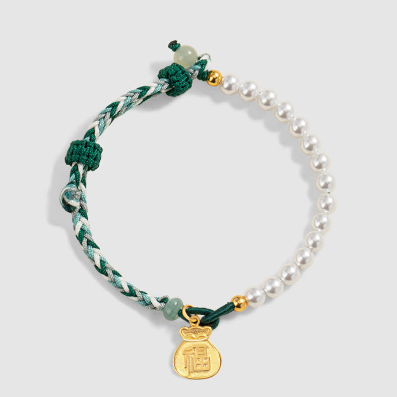 KarmaRipple's 925 Sterling Silver Fu Character Fortunate Bag Pearl Hetian Jade Wisdom Rope Bracelet p5