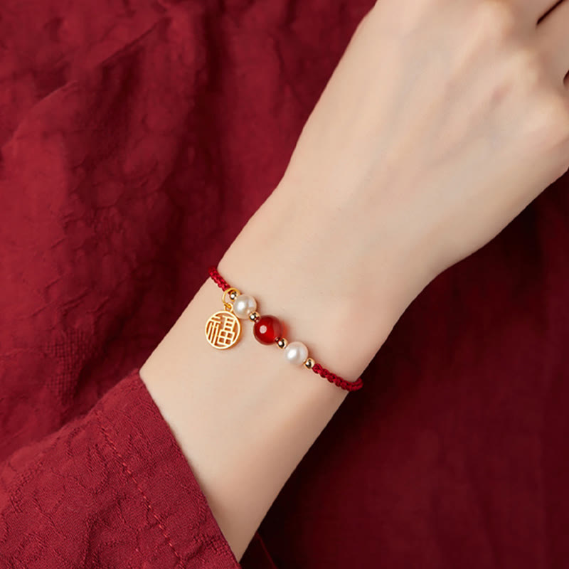 KarmaRipple's 925 Sterling Silver Good Fortune Fu Character Agate Pearl Red String Braid Bracelet p12