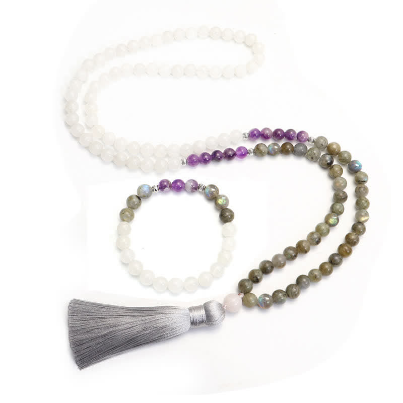 KarmaRipple's 108 Mala Beadwork Ivory Agate Amethyst Black Glitter Stone Protection Bracelet p10