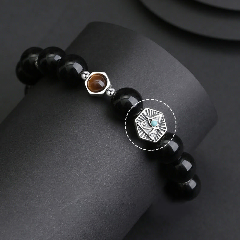 KarmaRipple's 925 Sterling Silver Black Obsidian Tiger Eye Eye of Providence Purification Bracelet p3