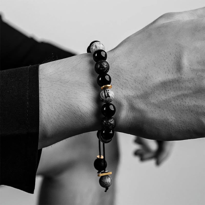 KarmaRipple's Black Obsidian Lava Rock Stone Yin Yang Strength Bracelet p4