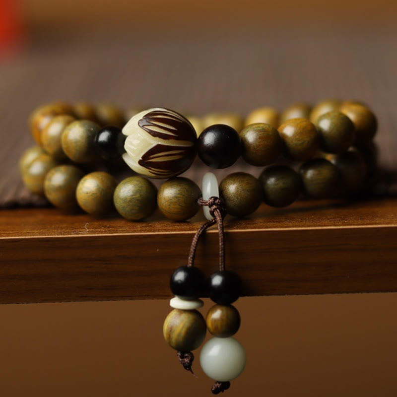 KarmaRipple's Green Sandalwood Bodhi Seed Lotus Soothing Double Wrap Bracelet p1