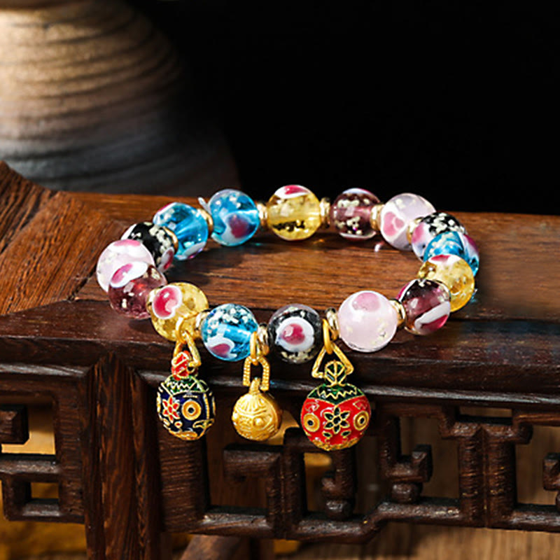 KarmaRipple's Gold Swallowing Beast Family Pink Love Heart Luminous Fluorescent Liuli Glass Bead Bracelet p1