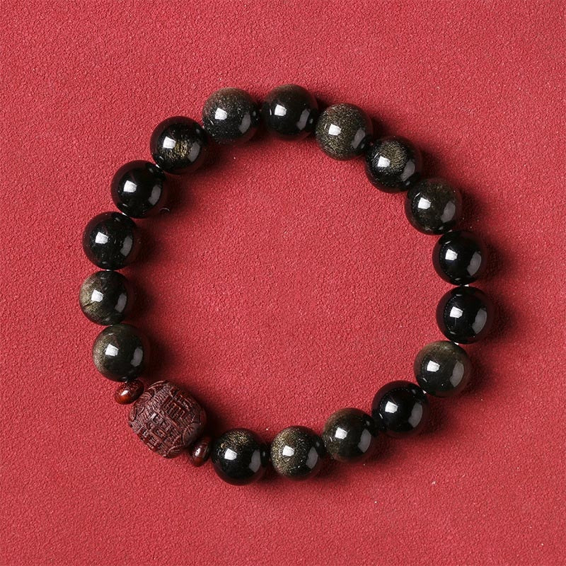 KarmaRipple's Authentic Gold Sheen Obsidian Rainbow Obsidian Om Mani Padme Hum Fu Character Balancing Bracelet p28
