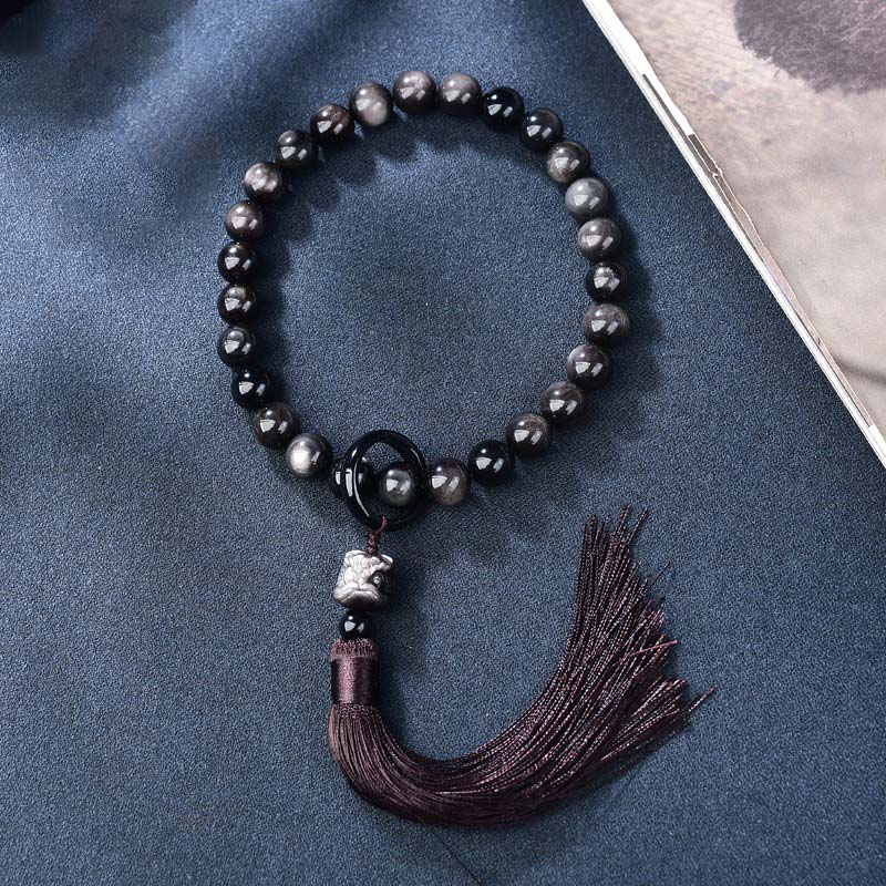 KarmaRipple's Authentic Silver Sheen Obsidian Lion Wrist Mala Protection Tassels Pocket Mala Car Decoration p10