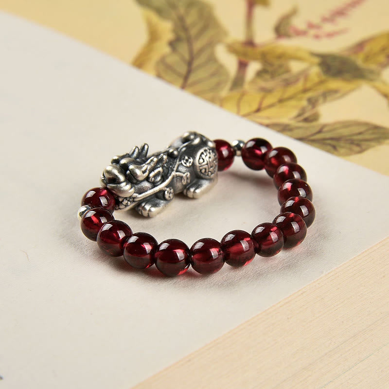 KarmaRipple's 925 Sterling Silver Authentic Garnet Moonstone Red Agate PiXiu Wealth Ring p5