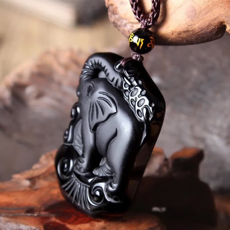 KarmaRipple's Black Obsidian Elephant Protection String Pendant Necklace Key Chain p7