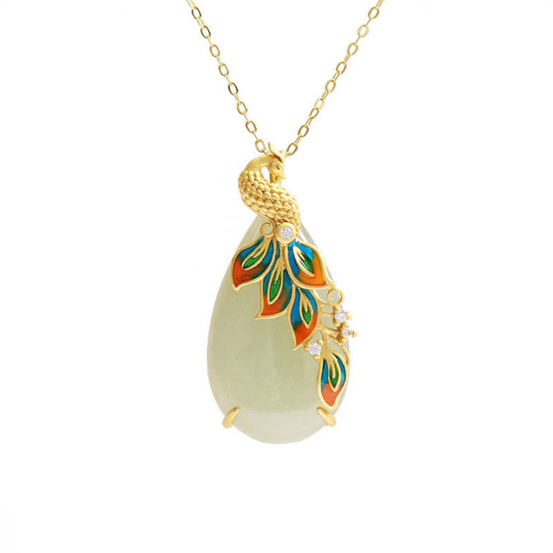 KarmaRipple's Ivory Jade Peacock Protection Pendant Chain Necklace p4