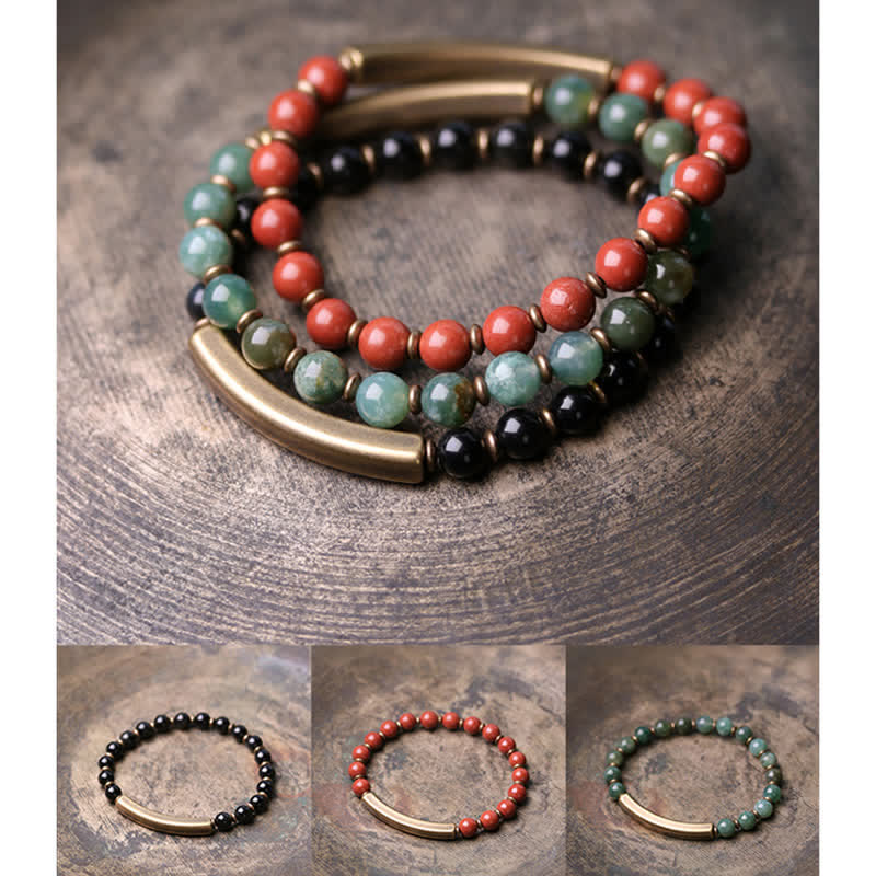 KarmaRipple's Red Jasper Moss Agate Black Obsidian Gemstone Bronze Peace Pair Bracelet p24