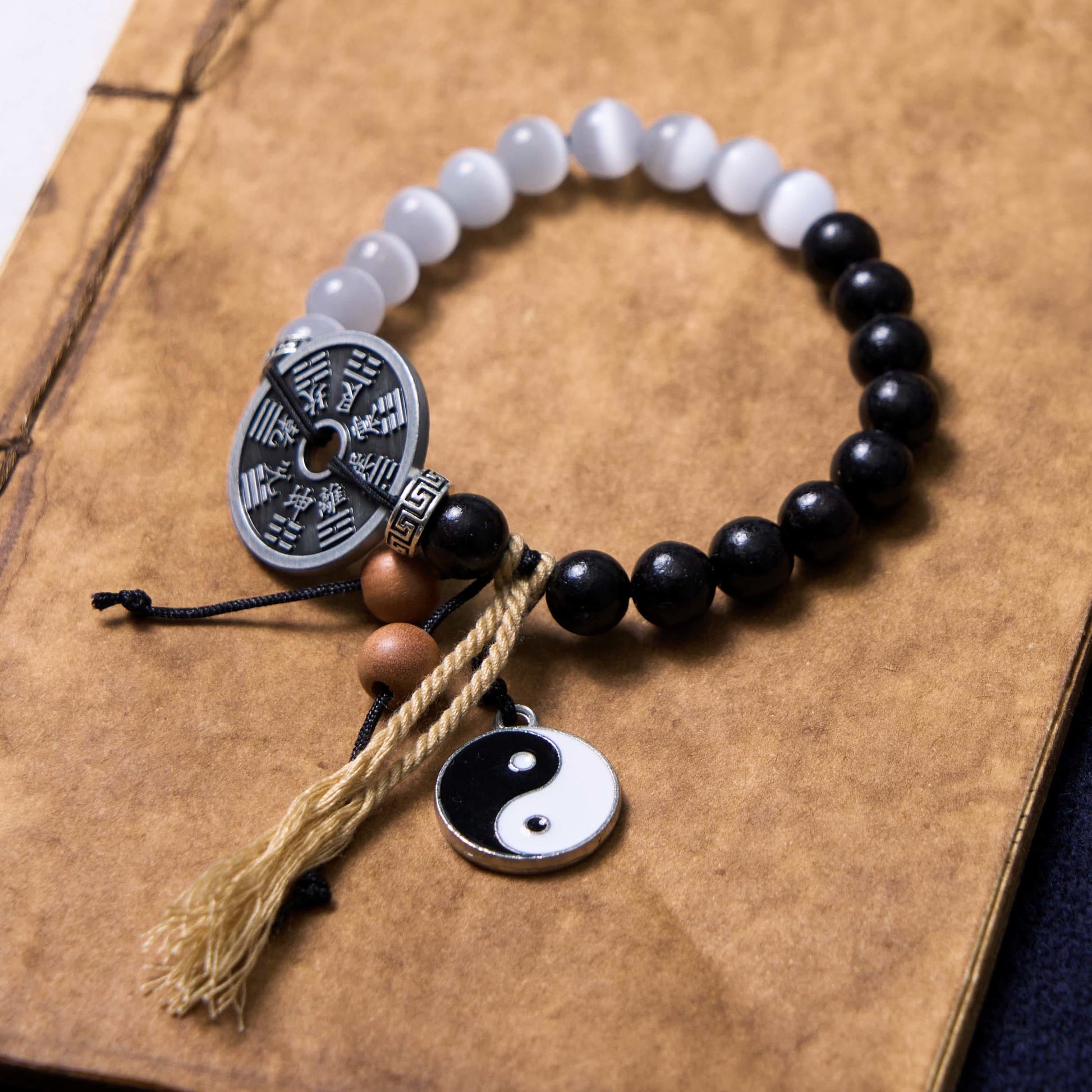 KarmaRipple's Cat's Eye Ebony Wood Yin Yang Bagua Coin Support Rope Bracelet p1