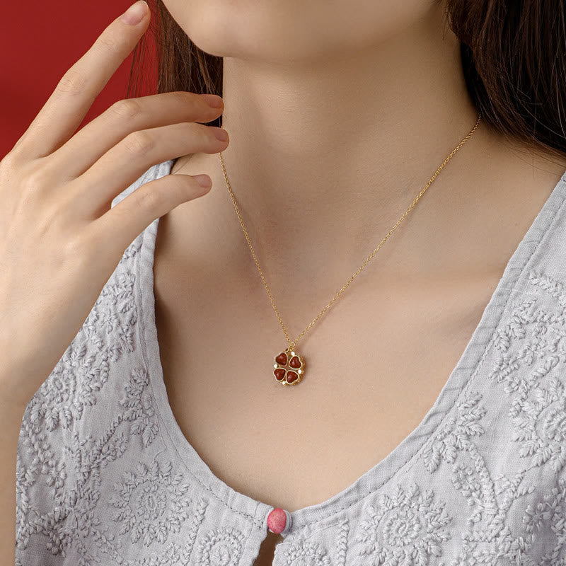 KarmaRipple's 925 Sterling Silver Four Leaf Clover Ivory Jade Red Agate Abundance Pendant Necklace p6