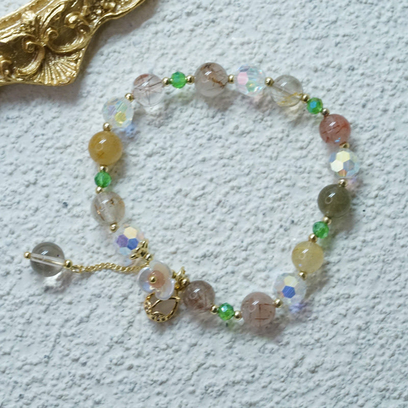 KarmaRipple's Strawberry Quartz Rutilated Quartz Fluorite Flower Balancing Bracelet p20