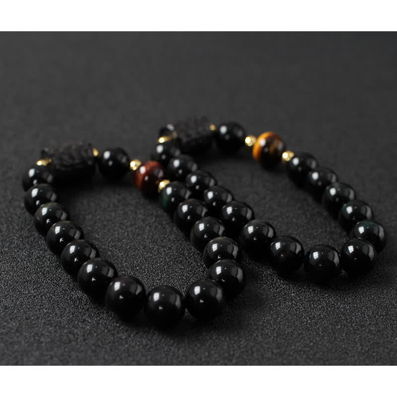 KarmaRipple's Black Obsidian Ebony Wood Red Tiger Eye Strength Pair Bracelet p21