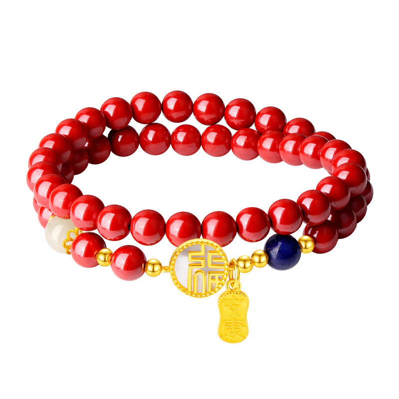 KarmaRipple's 925 Sterling Silver Cinnabar Tridacna Stone Fu Character Double Wrap Blessing Bracelet p12