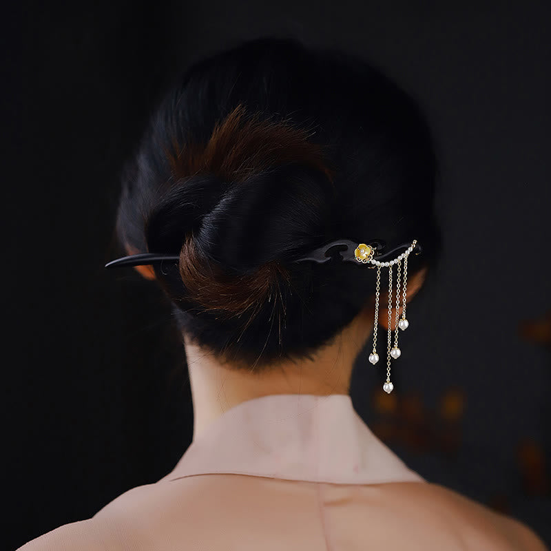 KarmaRipple's Ebony Wood Yellow Flower Pearl Tassels Hairpin p4