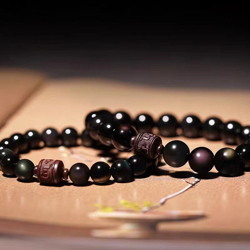KarmaRipple's Authentic Gold Sheen Obsidian Rainbow Obsidian Om Mani Padme Hum Fu Character Balancing Bracelet p46