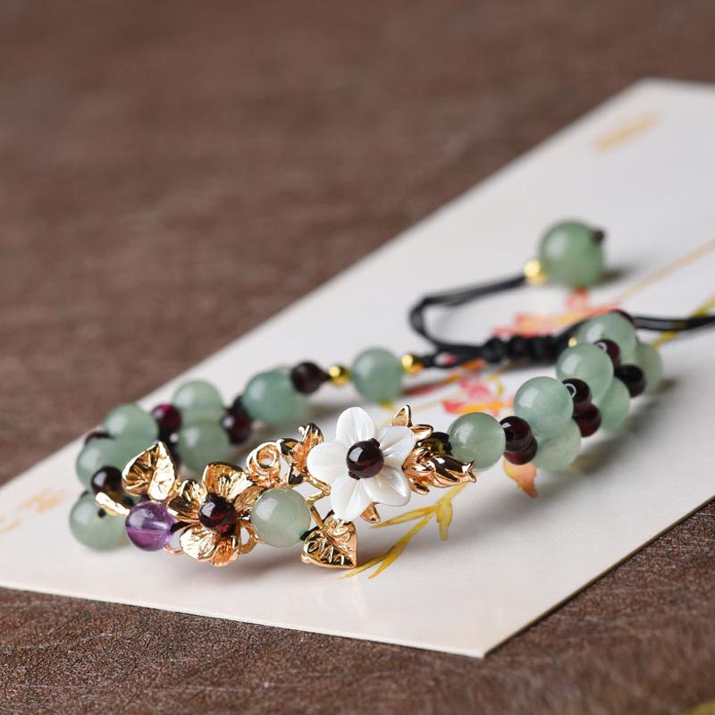 KarmaRipple's Green Aventurine Garnet Bead Flower Petal Fortune Bracelet p16